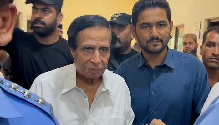 PTI President Parvez Elahi is being brought to an Anti-Terrorism Court (ATC) in Islamabad on September 6, 2023, in this still taken from a video. — YouTube/Geo News