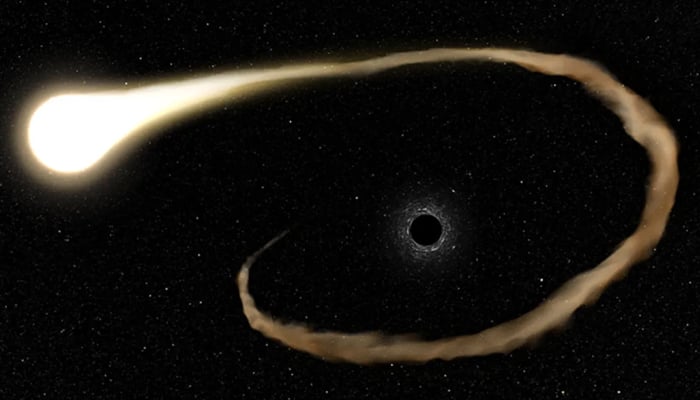 This artistic illustration shows a black hole in the centre that shredded a star. — Nasa/ESA