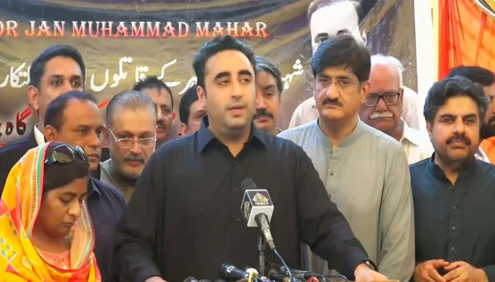 Pakistan Peoples Party (PPP) Chairman Bilawal Bhutto-Zardari speaking during the press conference on Tuesday, September 12, 2023, in Sukkur. — X/@PPP_Org