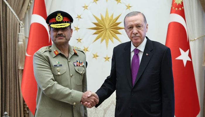 Chief of Army Staff General Asım Munir with Turkish President Recep Tayyip Erdogan at the Turkeys Presidential Complex. — X/@trpresidency