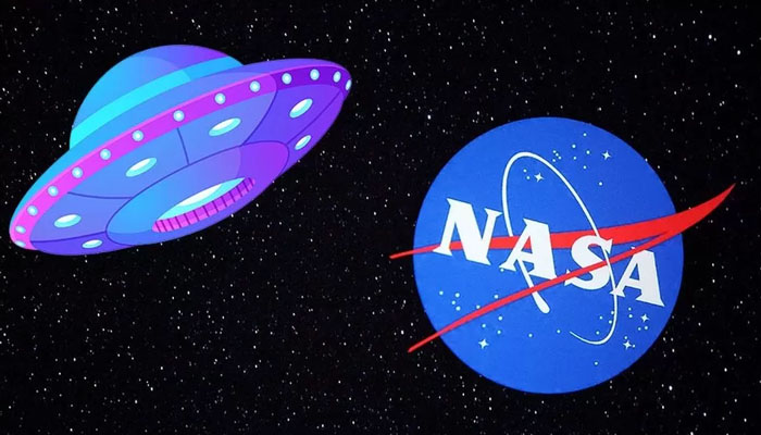 The illustration depicts a UFO and Nasas logo. — NASA