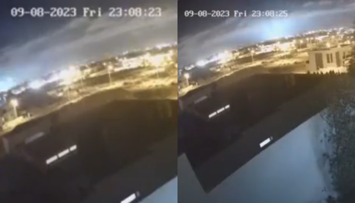 These stills taken from a CCTV footage that surfaced on social media shows a combo in which a blue flashlight is shown (left-corner) while another picture shows a bright blue light appearing from the horizon on Friday, 09, September 2023. — X/@Rulaelhalabi
