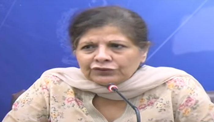 Caretaker Finance Minister Shamshad Akhtar addresses a press conference in this still taken from a video on September 25, 2023. — YouTube/Geo News