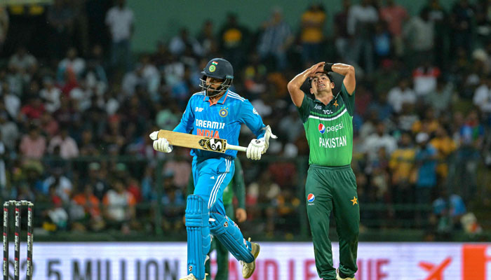 Pakistan´s Naseem Shah (right) gestures during the Asia Cup 2023 ODI match between India and Pakistan at the Pallekele International Cricket Stadium in Kandy on September 2, 2023. — AFP.