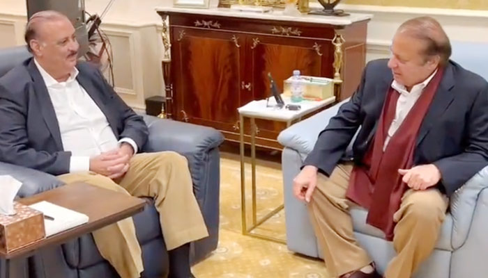 Raja Riaz (left) meets PML-N supremo Nawaz Sharif in London on September 16, 2023. — X/@pmln_org