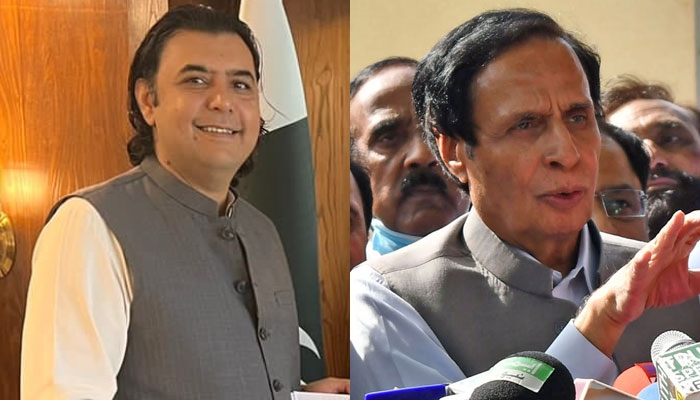 Former senator Mustafa Nawaz Khokhar (L) and PTI President Parvez Elahi. — X/@mustafa_nawazk/Online/Files