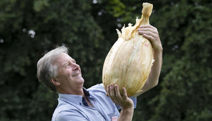 Gareth Griffins holding the oversized onion grown by him. — Instagram@mailco