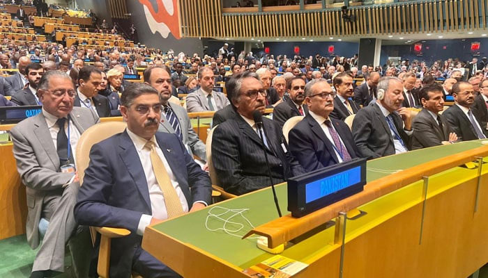 Interim Prime Minister Anwaar-ul-Haq Kakar (first left) attends the opening session of the United Nations General Assembly in New York on September 19, 2023. — APP
