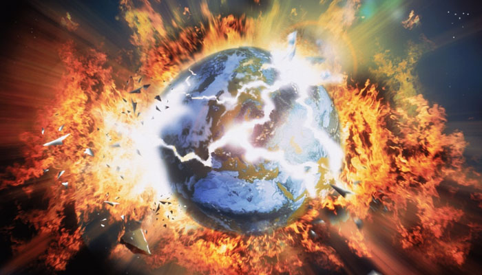 An illustration depicting the end of the planet Earth by destructive cosmic elements. — Twitter @gbaden