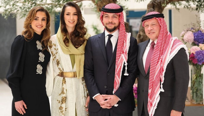 Queen Rania and King Abdullah II of Jordan with daughter-in-law Princess Rajwa and Crown Prince Hussein during their wedding ceremonies. — Royal Hashemite Court