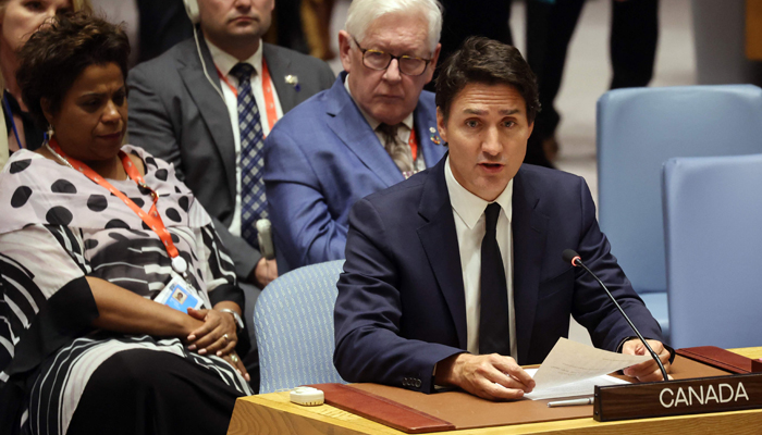 Canadian Prime Minister Justin Trudeau speaks at a UN Security Council meeting during the UNGA on September 20, 2023, in New York City. — AFP