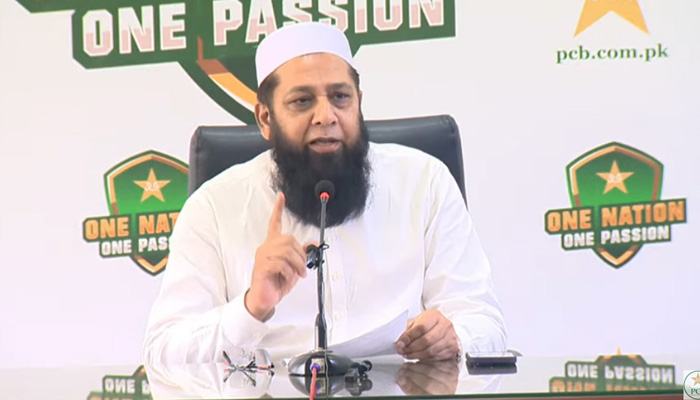 Pakistan cricket teams chief selector Inzamam-ul-Haq speaks during the presser on September 22, 2023, in this still taken from a video. — YouTube/Pakistan Cricket