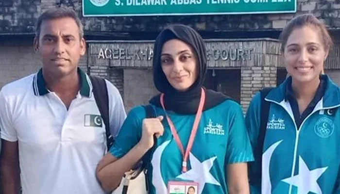 Pakistani tennis players Aqeel Khan (from left) Ushna Sohail and Sarah Ibrahim participating in Asian Games 2023. — PTF