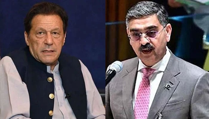 Pakistan Tehreek-e-Insaf (PTI) Chairman Imran Khan (left) and Caretaker Prime Minister Anwaar-ul-Haq Kakar. — AFP/APP/File
