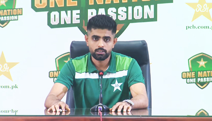 Pakistan skipper Babar Azam addressing a press conference in Lahore, on September 26, 2023, in this still taken from a video. — YouTube/PCB