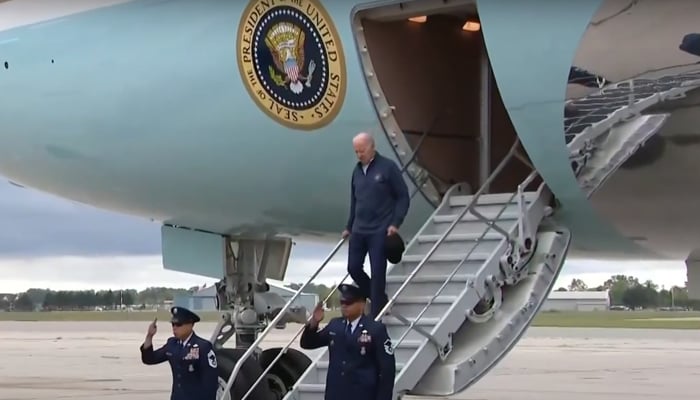 US President Joe Biden while exiting Air Force One Tuesday at the Detroit Metro Airport in this still taken from video released on September 27, 2023. — YouTube/Forbes Breaking News