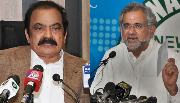 PML-N leader Rana Sanaullah (left) and former prime minister Shahid Khaqan Abbasi. — APP/File