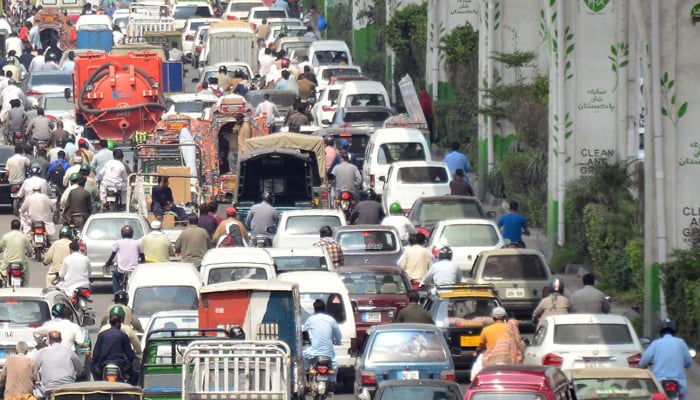 A view of the massive traffic jam at Murree Road due to the over-parking of cars in Rawalpindi. — Online/File