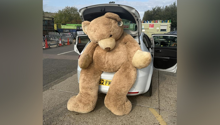 This picture posted on September 26, 2023, shows a giant teddy bear in a cars backside in Cambridge, UK. — Facebook/Lilly Hurley