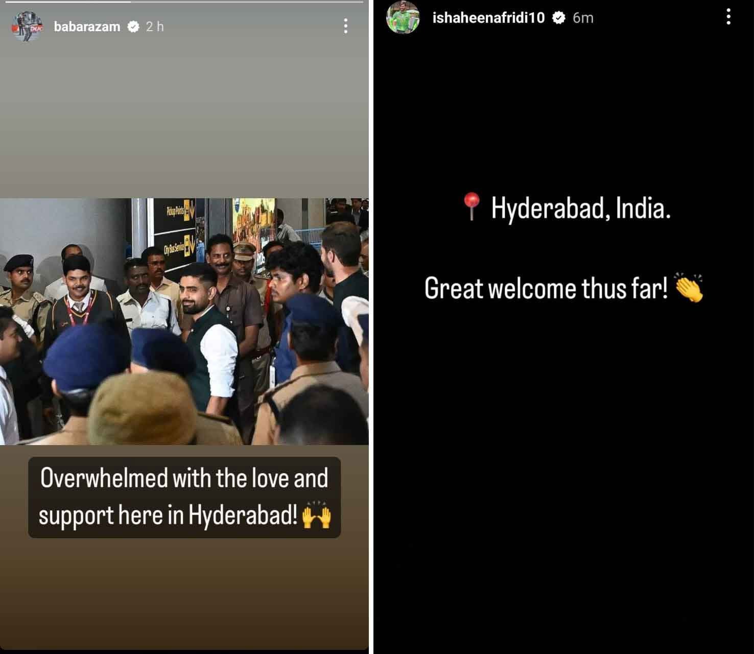 Messages posted by Babar Azam and Shaheen Shah Afridi on Instagram after they landed in India on September 27.