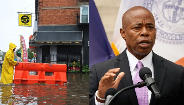 This combination of images shows a person pushing a barricade floating on a flooded street amid a coastal storm in NYC and the citys mayor Eric Adams. — AFP