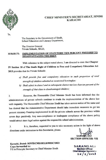 — Caretaker Sindh CM Maqbool Baqars letter.