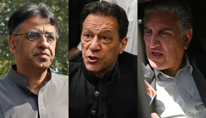 Former PTI leader Asad Umar, PTI Chairman Imran Khan and Vice Chairman Shah Mahmood Qureshi. — AFP/File