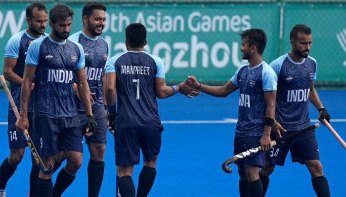Indian hockey team players during their match against Pakistan in the Asian Games 2023 on September 30, 2023. — Hockey India
