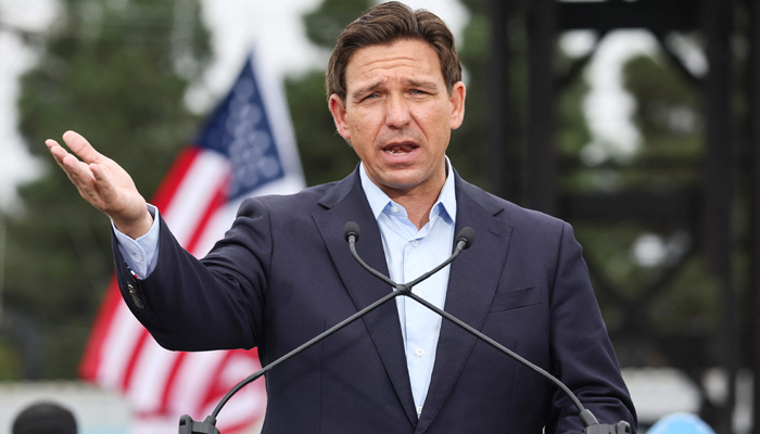 Republican presidential candidate Florida Governor Ron DeSantis speaks at a campaign event at the Los Angeles Harbor Grain Terminal on September 29, 2023, in Long Beach, California. — AFP