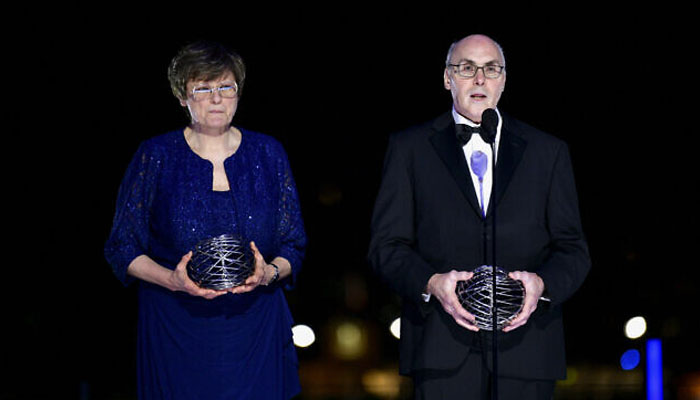 Dr Katalin Kariko and Dr Drew Weissman speak onstage at the Ninth Breakthrough Prize Ceremony at the Academy Museum of Motion Pictures on April 15, 2023, in Los Angeles, California. — AFP