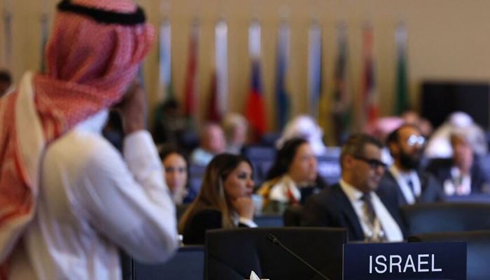 A plaque reserving the seat of the delegation from Israel is seen during the UNESCO Extended 45th session of the World Heritage Committee in Riyadh on September 11, 2023. — AFP