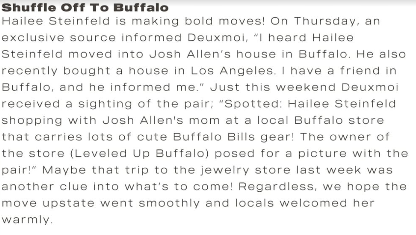 Hailee Steinfeld moves in with beau Josh Allen at his Buffalo home