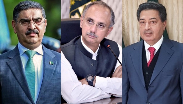 Caretaker Prime Minister Anwaar-ul-Haq Kakar (left), PTI Secretary General Omar Ayub Khan and CEC Sikandar Sultan Raja. — APP/Twitter/@OmarAyubKhan/@rajamohsinsays