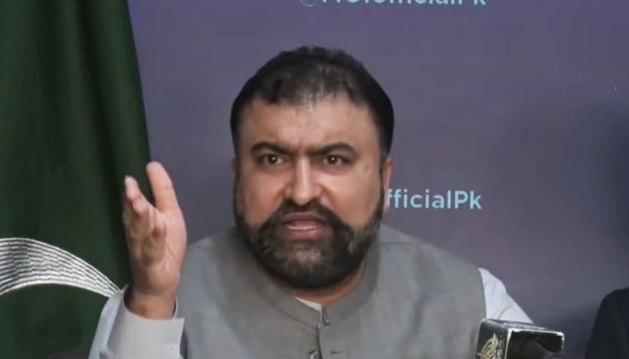 Interim Interior Minister Sarfraz Bugti addresses the press conference in this still taken from a video on October 3, 2023. — YouTube/PTVNewsLive