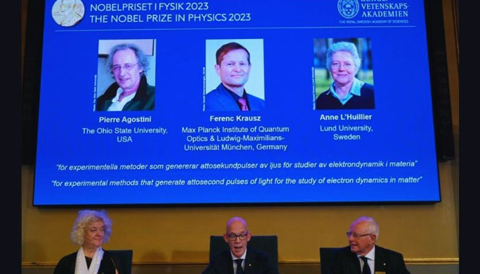 A session of Nobel Prize in Physics announcing this years winners Pierre Agostini, Ferenc Krausz and Anne LHuillier. — Nobel Prize 2023