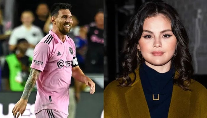 Selena Gomez, an American singer during a photoshoot and Lionel Messi, an Argentine footballer during an Inter Miami game. — Social media @grosbygroup