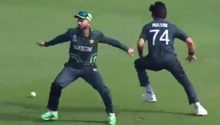 Wasim Jr (right) and Mohammad Nawaz (left) trying to stop the ball during warm up match on October 3, 2023. — Twitter/SDhawan25