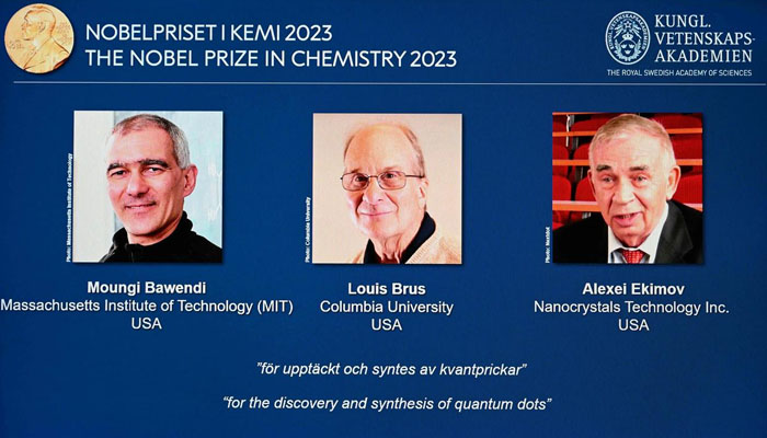 2023 میں کیمسٹری کے میدان میں نوبل انعام جیتنے والوں کا اسکرین گریب۔ - نوبل انعام