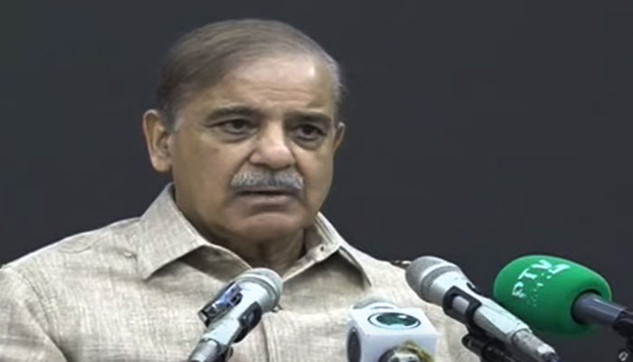 PML-N President Shehbaz Sharif addresses a presser in Lahore on October 6, 2023, in this still taken from a video. — YouTube/Geo News