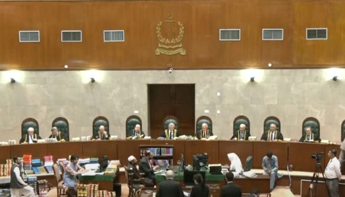 A full court bench of the Supreme Court conducts the hearing for petitions against the Supreme Court (Practice and Procedure) Act 2023 on October 9, 2023, in this still taken from a video. — YouTube/PTV News Live
