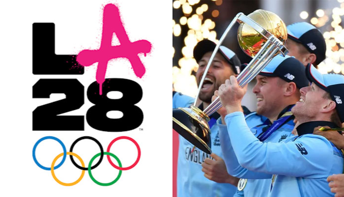 LA28 Olympics logo (left), England Cricket team players celebrating with World Cup 2019 trophy after winning the final match against New Zealand. — la28.org/ICC/File