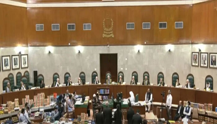 Full court led by CJP Qazi Faez Isa (Centre) is hearing petitions against SC law in this still taken from a video on October 9, 2023. — YouTube/PTVNews