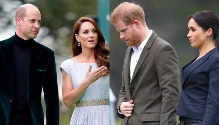 Prince William and Kate Middleton (L), Prince Harry and Meghan Markle (R)