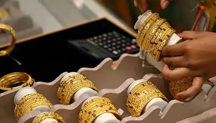 An undated image of gold jewellery displayed at a store. — AFP/File