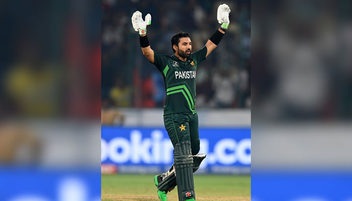 Pakistans Mohammad Rizwan celebrates his century during ICC World Cup 2023 match against Sri Lanka on October 10, 2023. — X/@TheRealPCB