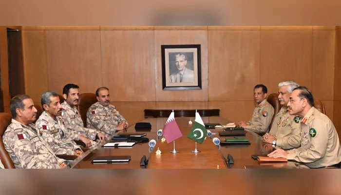 Chief of Staff of Qatar Armed Forces Lieutenant General (Pilot) Salem Hamad Eqail Al-Nabet accompanied by a delegation meets Chief of Army Staff (COAS) General Syed Asim Munir (first right) at the General Headquarters in Rawalpindi on October 12, 2023. — ISPR