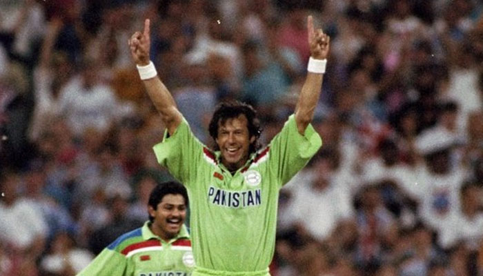 In this undated photo, Pakistan team captain Imran Khan celebrates after taking a wicket. — @fawzianaqvi1/File