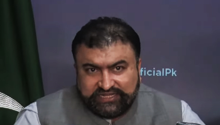 Caretaker Interior Minister Mir Sarfraz Bugti addressing a press conference in Islamabad, on October 3, 2023, in this still taken from a video. — YouTube/GeoNews