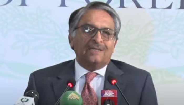 Caretaker Foreign Minister Jalil Abbas Jillani is addressing the media in this still taken from a video on October 15, 2023. — PTV/YouTube