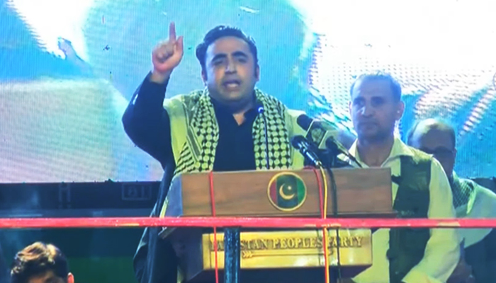 PPP Chairman Bilawal Bhutto-Zardari addressing a public rally in Karachi, on October 18, 2023, in this still taken from a video. — YouTube/GeoNews